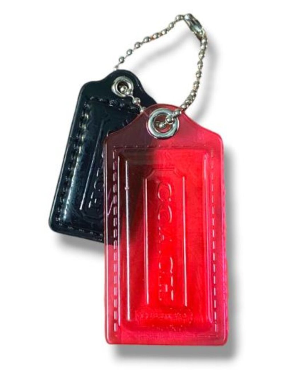 COACH - RED JELLY /BLACK Leather Purse Charm Logo Tag Keychain Key Fob